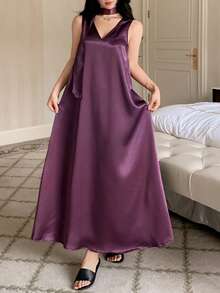 DAZY Elegant Satin Sleeveless Long Nightgown With Scarf Decor, Summer - Purple - View 9
