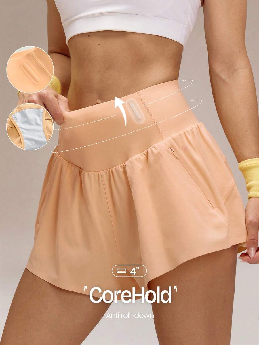 GLOWMODE 4" VitalSwift Chase Every Mile High-Rise Anti-Roll Tummy Control Lightweight Quick-Dry Odor Control Built-In Briefs Running Shorts Training Tennis Jogging Running Workout Gym Wear - Orange - View 1