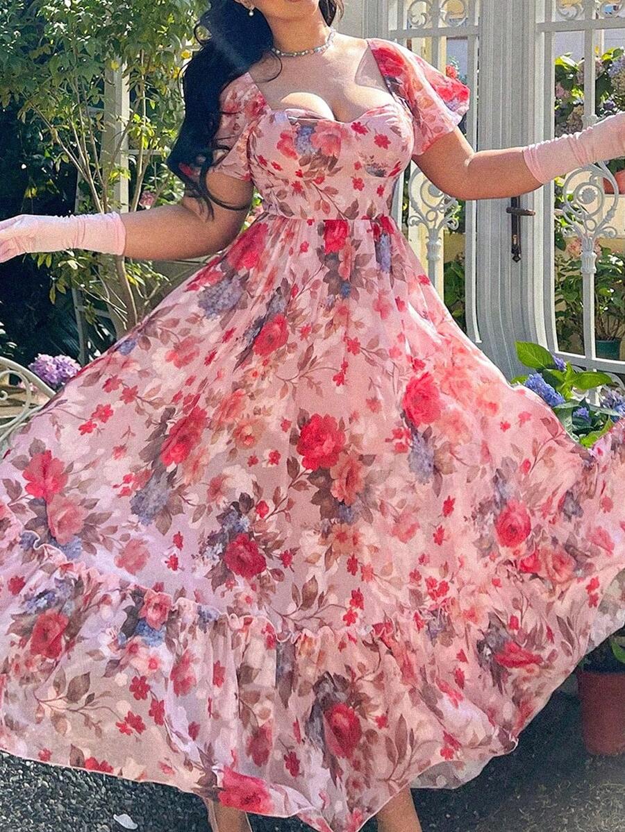 Lyrianda Abito lungo elegante e vintage con spalle scoperte e maniche a palloncino, taglie comode - Rosa - Visualizzare 1