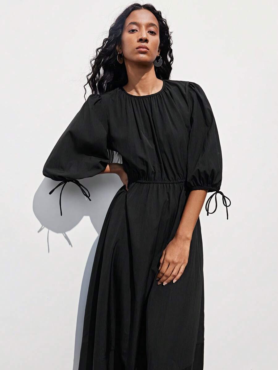 Maija Đầm nữ tay phồng màu trơn, kiểu dáng thường ngày, thích hợp đi làm. - màu đen - Xem 1