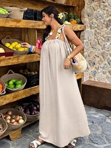 SHEIN LUNE Plus Size Women's Spring/Summer Lemon Print Contrast Color Backless Casual Dress - Apricot - View 4