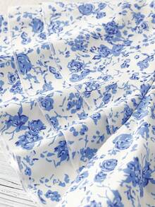 Linhara Blusa casual de mujer talla grande con cuello en V, lazo, volantes y manga corta con estampado floral, adecuada para volver al colegio, fiestas, Navidad, Día de la Madre, festivales de música, primavera/verano - Azul - Ver 3