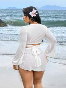 Rustia Bộ đồ đi biển cỡ lớn 2 món bằng vải chiffon họa tiết hoa, áo và chân váy, màu trắng, chất liệu mỏng nhẹ, gợi cảm, thích hợp cho mùa xuân/hè. - trắng - Xem 8