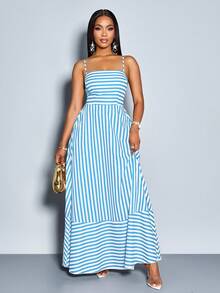 SOLERSUN Women's Flowing Striped Maxi Dress With Shoulder Straps, Pockets And Chest Gathering, Suitable For Vacation, Beach, Commuting And Casual Daily Wear (Random Floral) - Baby Blue - View 3
