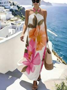 SHEIN Holidaya Váy xếp ly in hoa - trắng - Xem 3