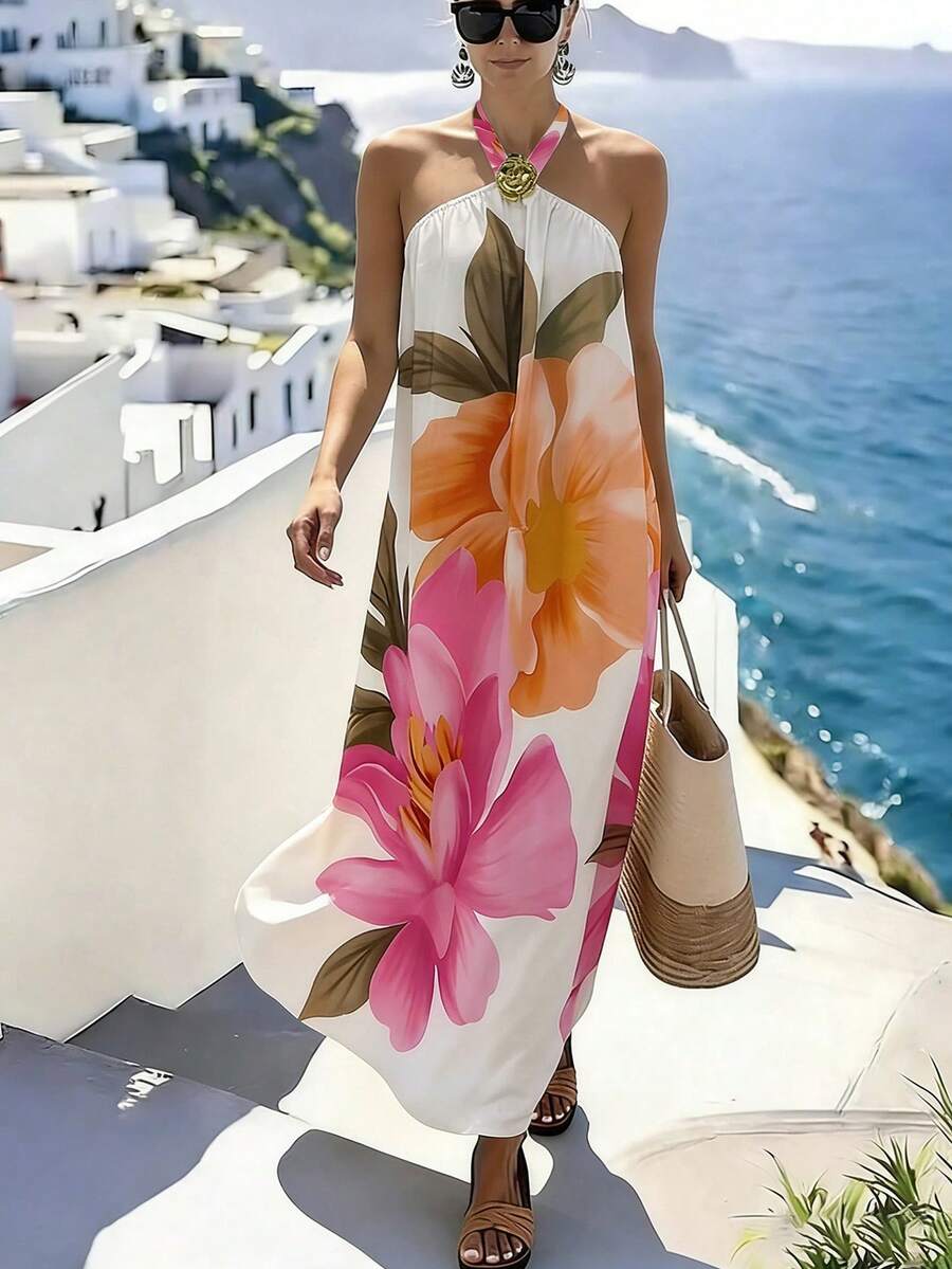 SHEIN Holidaya Vestido plisado con estampado floral - Blanco - Ver 1