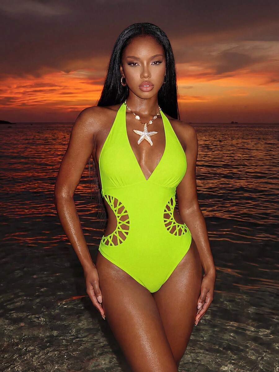 Vaytide 纯色露背无袖休闲时尚镂空连体泳衣 - 青檸色 - 查看 1