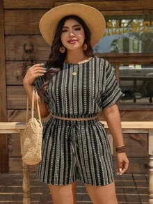 SHEIN LUNE Plus Size Women Striped Print Short Sleeve Top And Shorts 2 Pieces Set, Vacation - White - View 7