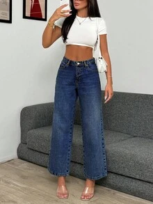 EURMUSE High Waist Light Wash Crop Straight Jean - Dark Wash - View 3