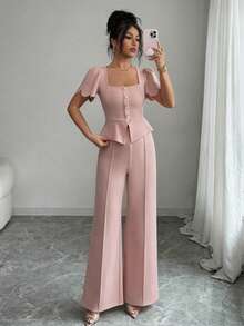 SHEIN Elenzya Bộ đồ công sở thanh lịch, thời trang dành cho nữ gồm 2 món: Áo thun cổ vuông tay ngắn cài cúc vạt lệch và quần ống đứng cạp cao co giãn. - Hồng - Xem 3