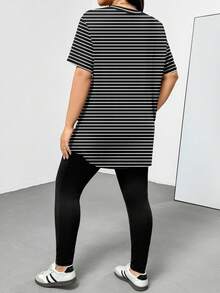 SHEIN Essnce 大码女式条纹短袖上衣和裤子休闲两件套 - 彩色 - 查看 2