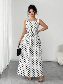 SHEIN Elenzya 大码女式波点印花方领无袖优雅连衣裙 - 白色 - 查看 3