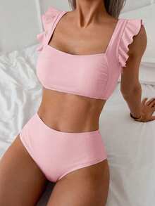 Swim Lushoire Conjunto de traje de baño para mujer, conjunto de unicolor con escote cuadrado tipo bandeau, con tirantes con volantes - Rosa - Ver 1
