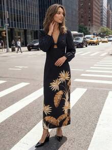 CAJUNI Chic Vacation Golden Palms Long Dress - Black - View 4