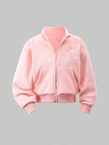 Bộ áo khoác có khóa kéo in hình trái tim thời trang thường ngày cho bé gái tuổi teen - Hồng - Xem 3