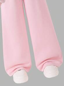 SHEIN Tween Girl Pink Sweatshirt Set, Long Sleeve Hoodie And Loose Casual Sweatpants Set, Autumn/Winter - Pink - View 3