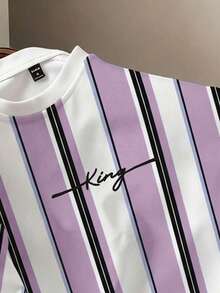 Manfinity Joysei Kaos Lengan Pendek Bergaris Blok Warna Kasual Pria, Musim Panas - Purple - View 3