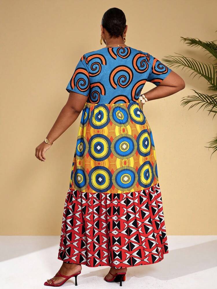 Plus Size Women Crew Neck Geometric Print Pleated Casual Everyday Dress,Summer Outfit For Women ,Country Outfits For Women