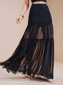 Arave Women's Chiffon Fabric Regular Waist Flared See-Through Overlay Design Casual Skirt - Navy Blue - View 1