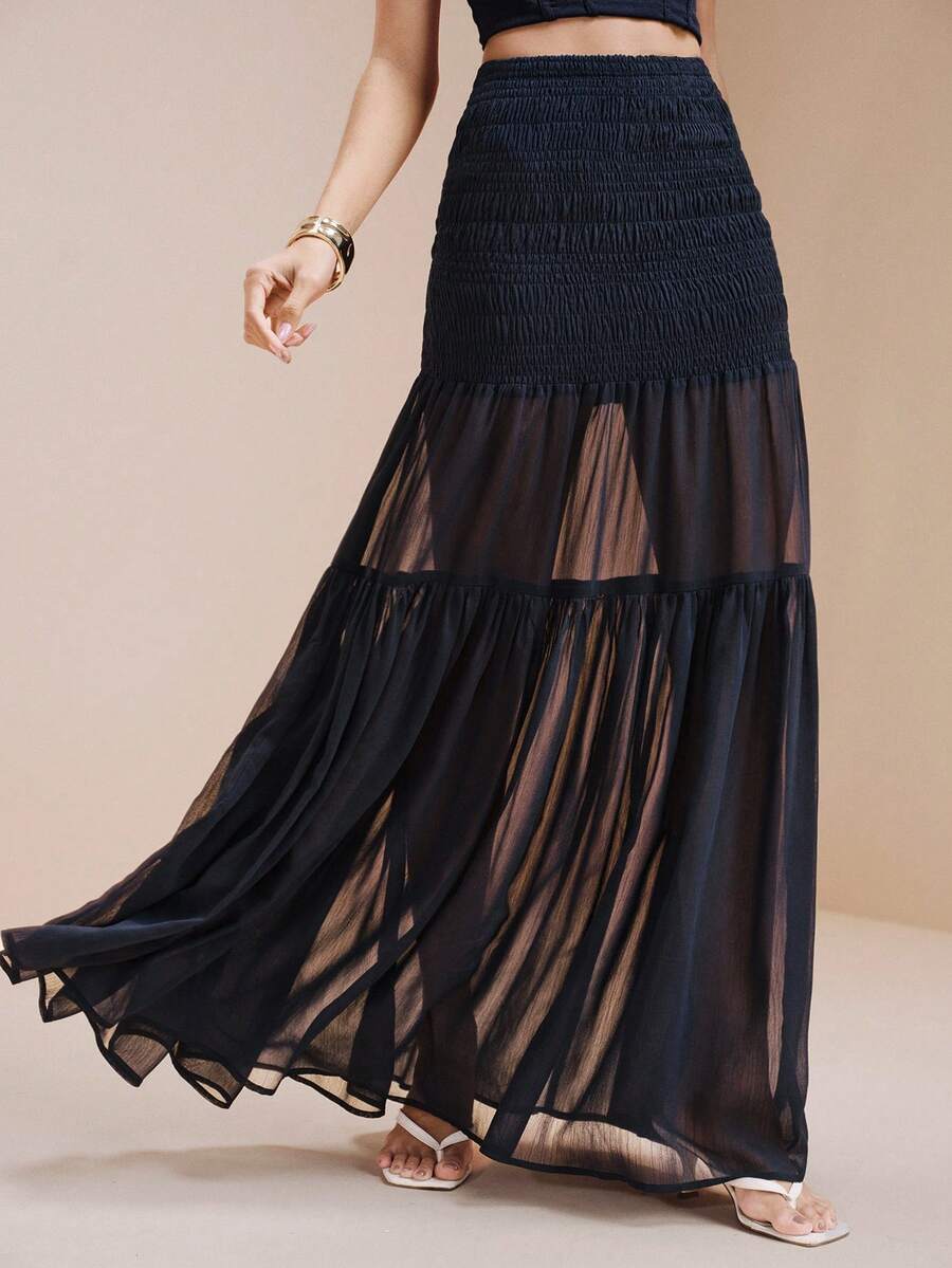 Arave Women's Chiffon Fabric Regular Waist Flared See-Through Overlay Design Casual Skirt - Navy Blue - View 1