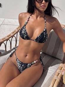Swim Vcay Damen Sommer Urlaubs Strand Blumen Muster Perlen Neckholder Gebundenes Bikini Set - Verschiedenfarbig - Übersicht 5
