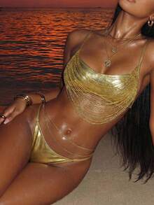 Swim SXY 女士性感流苏反光面料系带露背泳衣套装，欧美拉丁风 - 彩色 - 查看 2