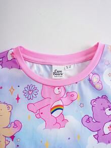 SHEIN X Care Bears Set de 2 piezas de pijama para niñas pequeñas de estilo lindo, conjunto de pantalones cortos de manga corta y cuello redondo, ropa cómoda para estar en casa, colaboración con Carebear - Multicolor - Ver 6
