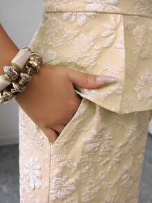 Elenzga 两件套优雅提花吊带背心和裤子套装，夏季 - 卡其色 - 查看 4