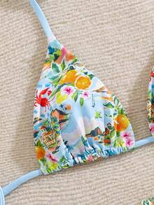 Bonvoyette Conjunto de bikini de dos piezas con estampado de frutas y verduras en todo el diseño, con escote halter y lazos, para vacaciones de verano - Multicolor - Ver 4