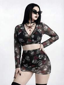 ROMWE Goth 2026新款加大码哥特风三件套泳衣，骷髅玫瑰印花比基尼+网纱上衣+迷你裙，显瘦个性派对泳装 - 黑色 - 查看 3