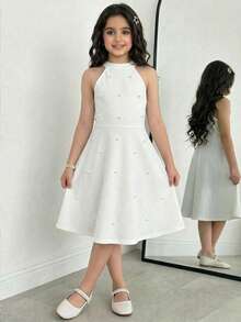SHEIN Đầm chữ A không tay cổ tàu màu trắng trơn dáng suông cho bé gái tuổi teen - trắng - Xem 2
