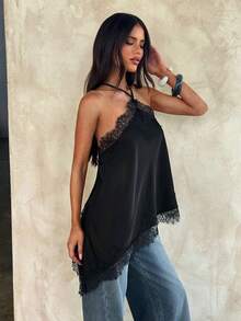 Opulessa 女士撞色蕾丝吊带背心，适合春夏度假 - 黑色 - 查看 4