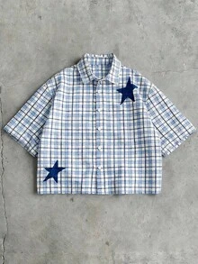 AXEPEAK Áo sơ mi nam tay ngắn cài cúc phía trước, họa tiết kẻ caro và ngôi sao, kiểu dáng thường ngày, thích hợp cho mùa hè. - Xám - Xem 7