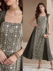 Al Najma Nuevo diseño de vestido casual de fiesta y vacaciones con cintura ceñida y patchwork - Verde - Ver 3