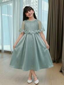 Tween Girl Contrast Lace Faux Pearl Decor Fashion Dress - Green - View 4