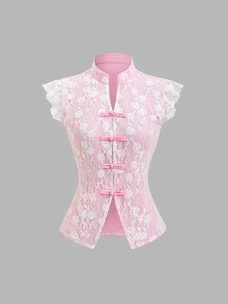 Sweetra 女士夏季休闲优雅日常百搭外出派对通勤蕾丝边饰粉白撞色立领收腰短袖衬衫 - 彩色 - 查看 1