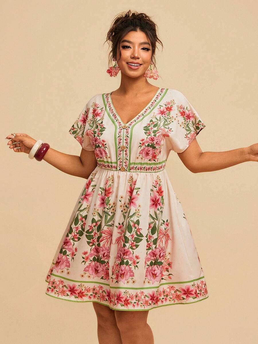 Travachic 大码女式V领短袖收腰A字印花连衣裙，优雅休闲度假装，春夏款 - 杏色 - 查看 1