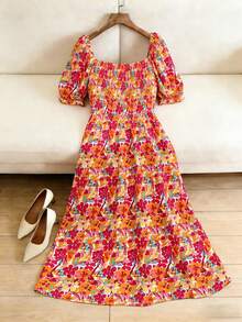 Breezaya Orange Bohemian Floral Deep V Puff Sleeve Split Dress - Orange - View 2