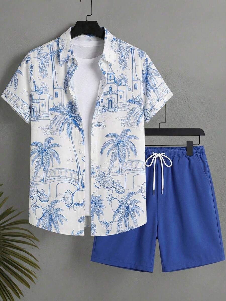 Solantero Men's Tropical Print Shirt And Shorts Set, Casual Holiday Outfit - White - View 1