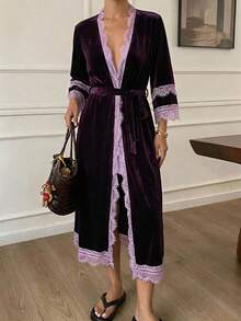 DAZY Women's Loose Long Velvet & Lace Patchwork Robe, Autumn/Winter - Purple - View 3