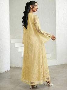 Al Najma Vestido feminino elegante com mangas flare em renda e detalhe de laço, estilo árabe. - Amarelo - Ver 2