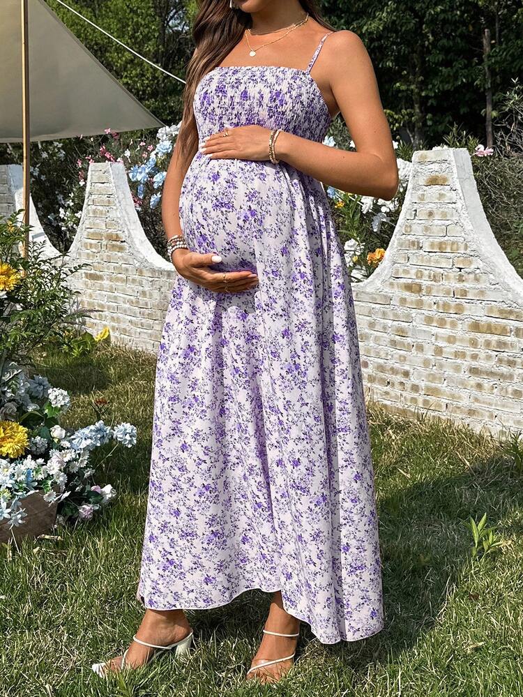 purple floral maternity dress SHEIN Maternity Casual Floral Print Sleeveless Dress, Summer Lavender Dress  Women Summer Dress Midi Purple Floral Dress Wildflower Dress Orchid Dress