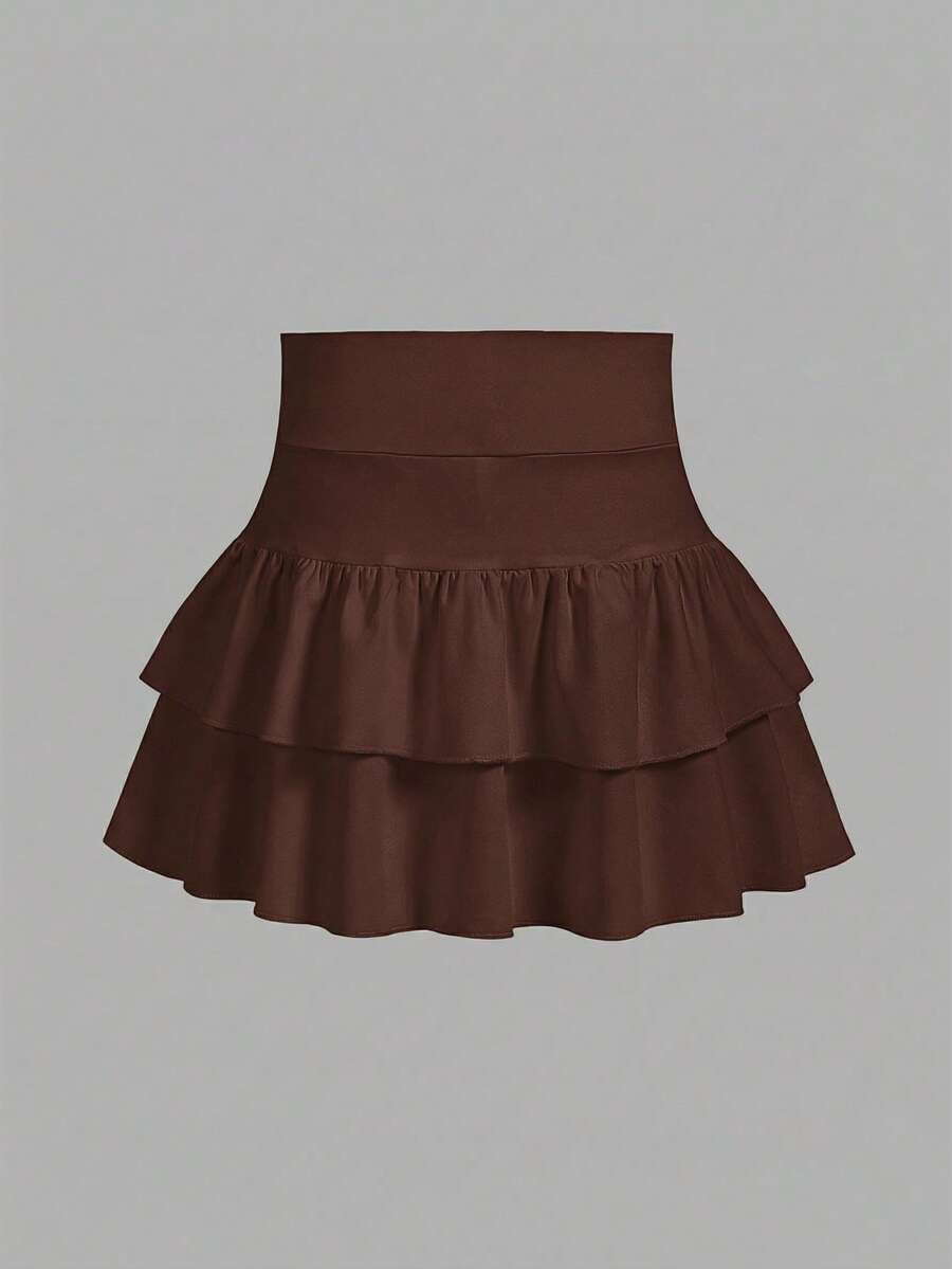 SHEIN Girlism Tween Girls Knitted Solid Color Cute Ruffle Layered Built-In Shorts Mini Skirt, Y2K Fashion, Back To School - Brown - View 1
