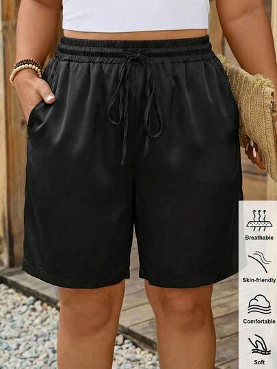 SHEIN LUNE Quần short nữ cỡ lớn, cạp chun, có túi, chất liệu vải satin thoải mái, thích hợp cho kỳ nghỉ biển, du lịch sân bay, mùa hè trở lại trường học, v.v. Quần short thường ngày, phù hợp cho mùa hè trở lại trường học.