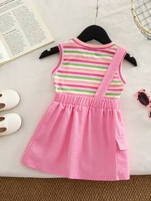 SHEIN Cute Summer Pink Striped Baby Girl Set,Knitted Butterfly Top & Suspender Skirt,Casual Baby Overalls For Vacation Outings - Hot Pink - View 4