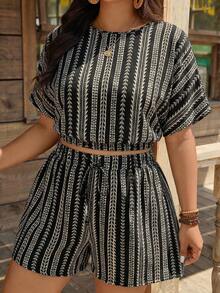 SHEIN LUNE Plus Size Women Striped Print Short Sleeve Top And Shorts 2 Pieces Set, Vacation - White - View 1