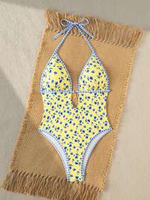 Swim Mod Women's New Ditsy Floral Backless One-Piece Swimsuit, Fashionable And Sexy For Beach Vacation, Spring/Summer - Yellow - View 5