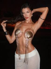 SHEIN Swim SXY 性感露背贝壳水钻流苏装饰金色上衣，女士款 - 金色 - 查看 12