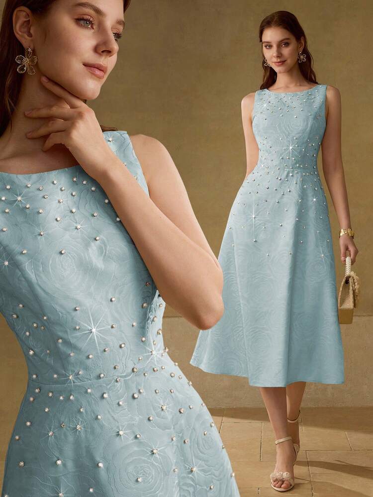 ROSE JACQUARD DIAMOND EMBELLISHED ELEGANT SLEEVELESS MIDI DRESS