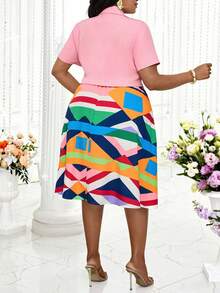 Villa Velisse Baby Pink Elegant Summer Short Sleeve Blazer & Geometric Print Dress 2-Piece Set,Plus Size Women's Tea Party Wedding Guest Formal Attire Work Outfits - Multicolor - View 2